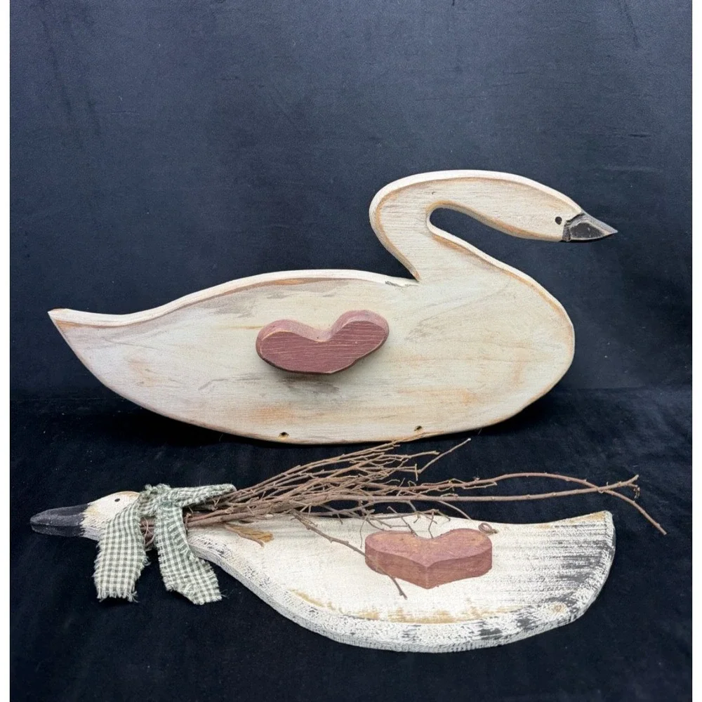 Wooden Primitive Goose Decor 2 Wood Geese Wall Hangings Rustic Country Cabin